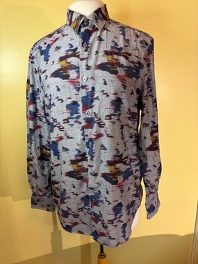 Perry Ellis Light Gray Button-Down Shirt with Blue, Red & Mustard Print